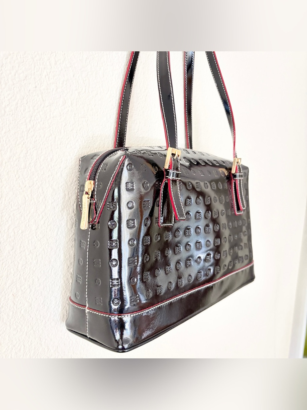 Arcadia Black Patent Embossed Leather Shoulder Bag with Red Trim Made in Italy - Picture 3 of 6